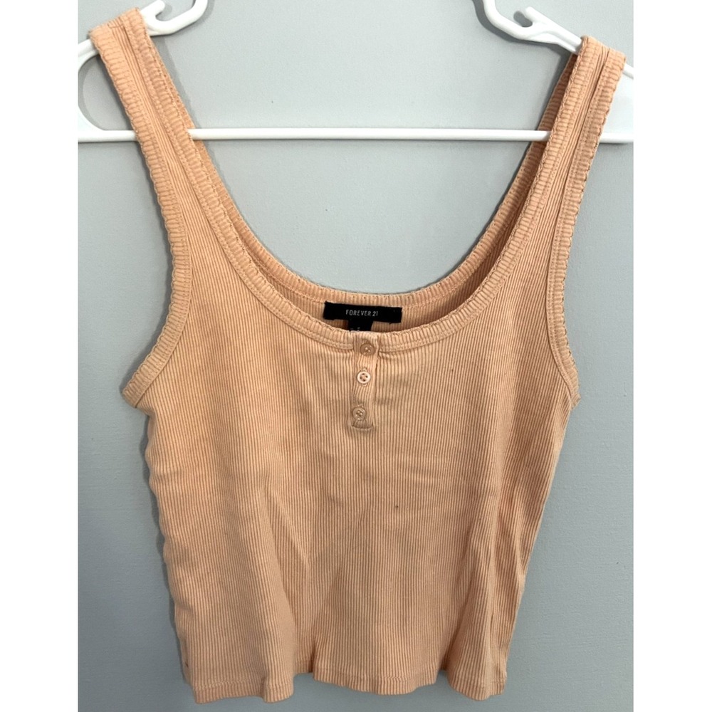 Forever 21 Tank Top Shirt Womens Medium Peach Ribbed Henley Crop Casual